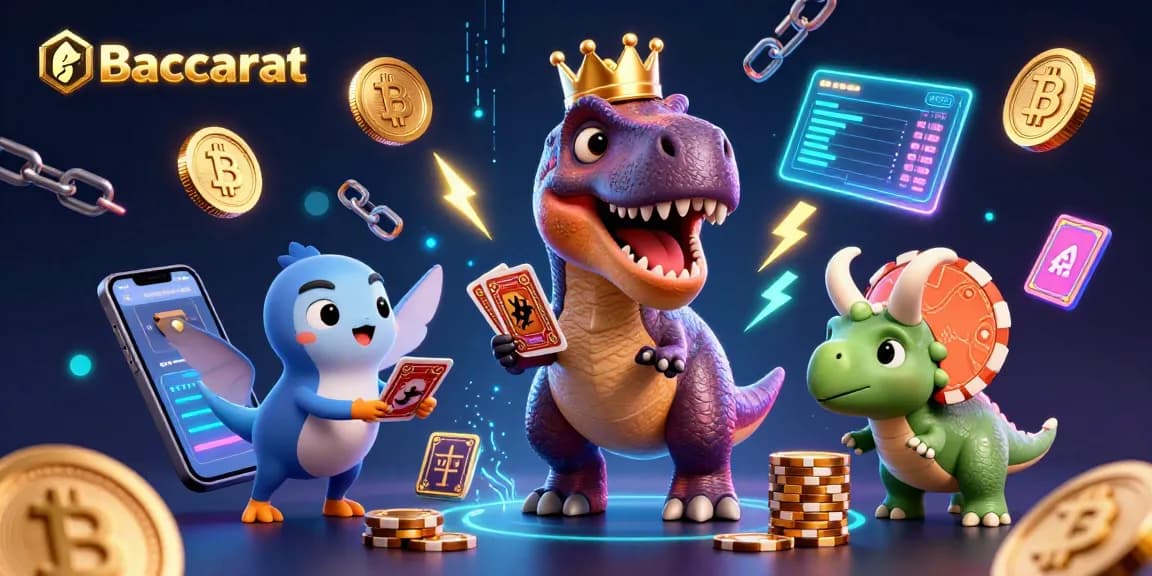 Baccarat scene with a cartoon T-Rex shuffling cards, Infinity chip stacks, and glowing crypto elements.