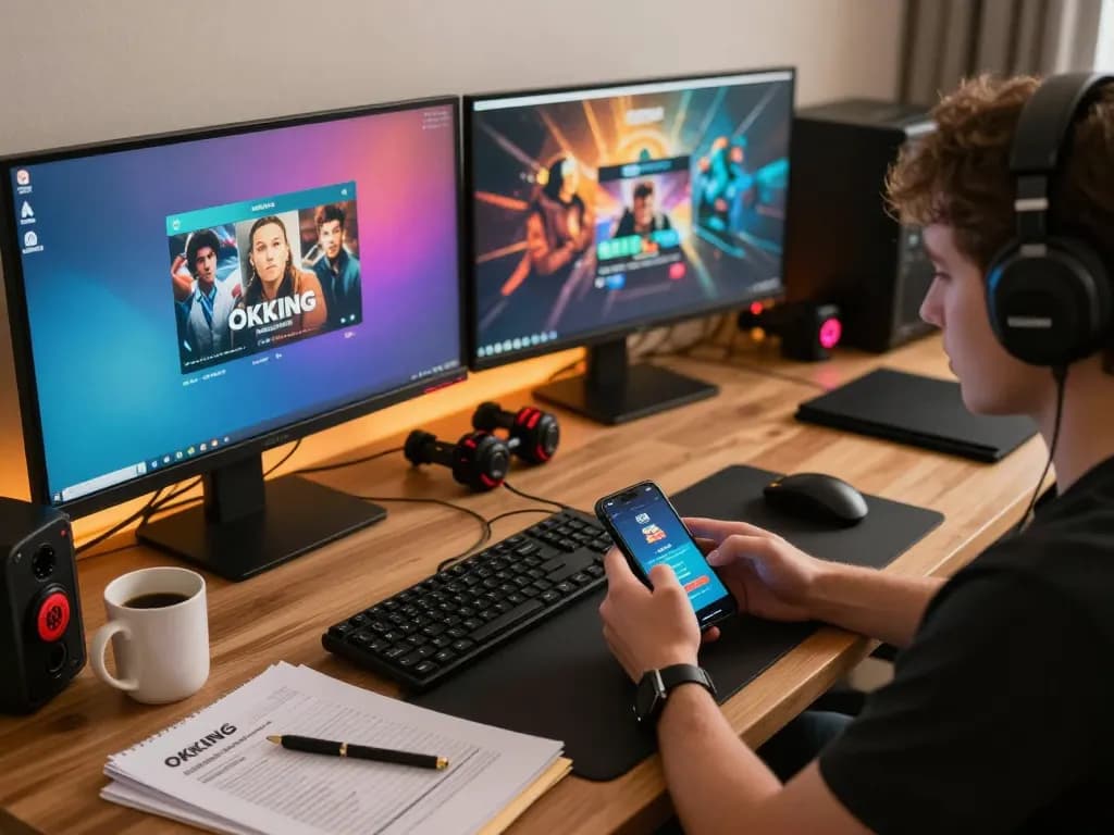 Person enjoys mobile gaming through the okking1 app in a cozy home office setup