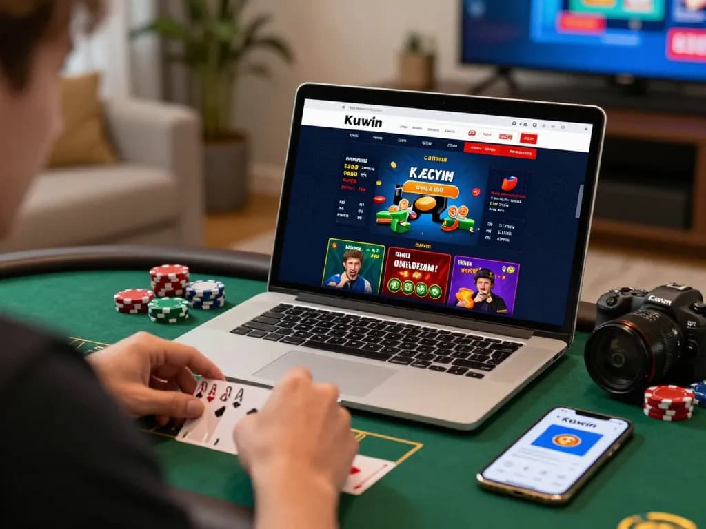 Online gaming experience with Nhà Cái Kuwin interface and enthusiastic player at home.