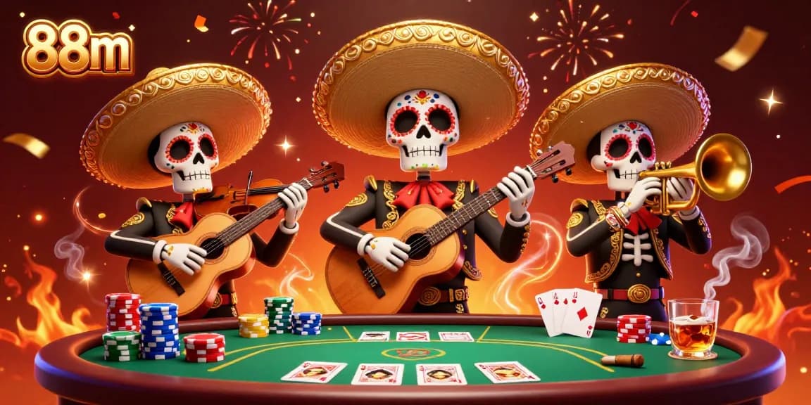 Engage with 88m's vibrant casino scene featuring a lively mariachi band amidst poker excitement.