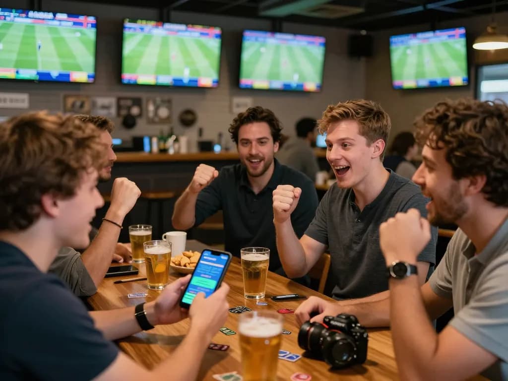 Engaged sports enthusiast placing a cược thể thao bet on mobile at a lively venue.