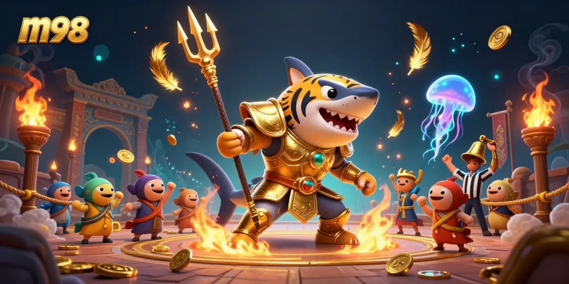 เกม m98 ที่มีฉลามในชุดเกราะทองนำเสนอในสภาพแวดล้อมสล็อตที่ตื่นเต้น