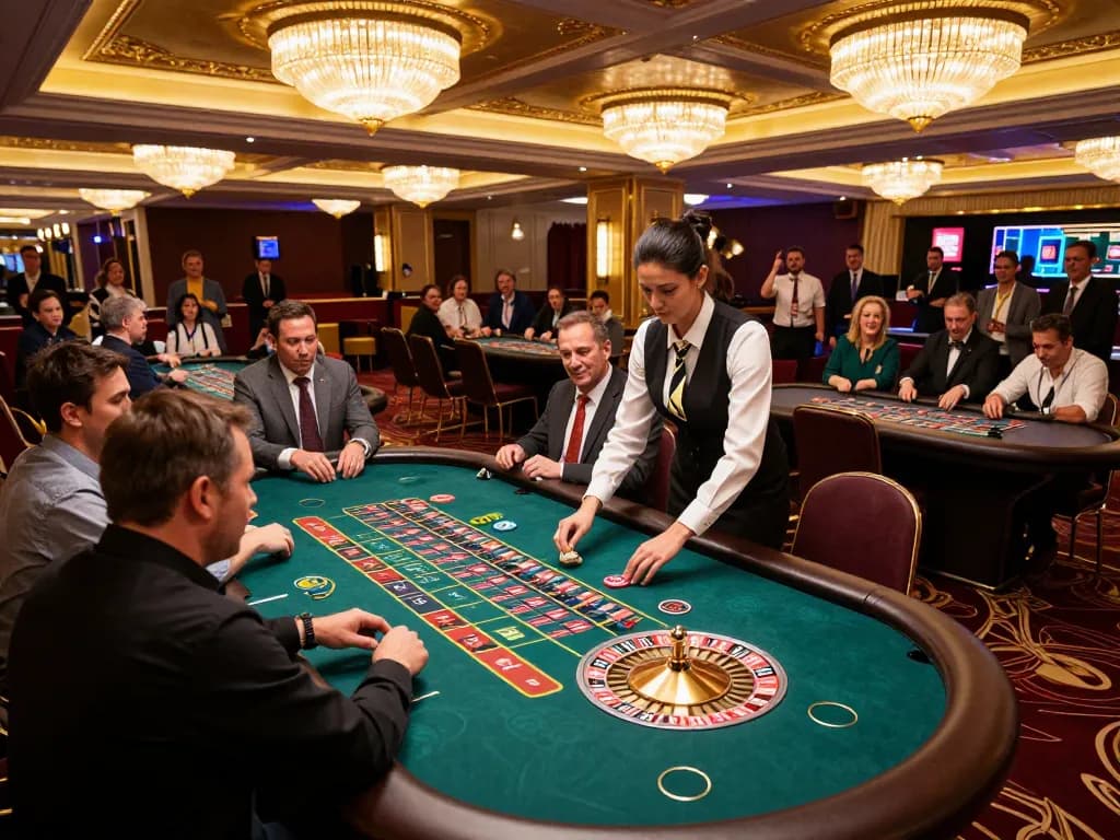 Players enjoying roulette and blackjack at a luxurious TG88 casino, with vibrant lighting capturing the excitement.
