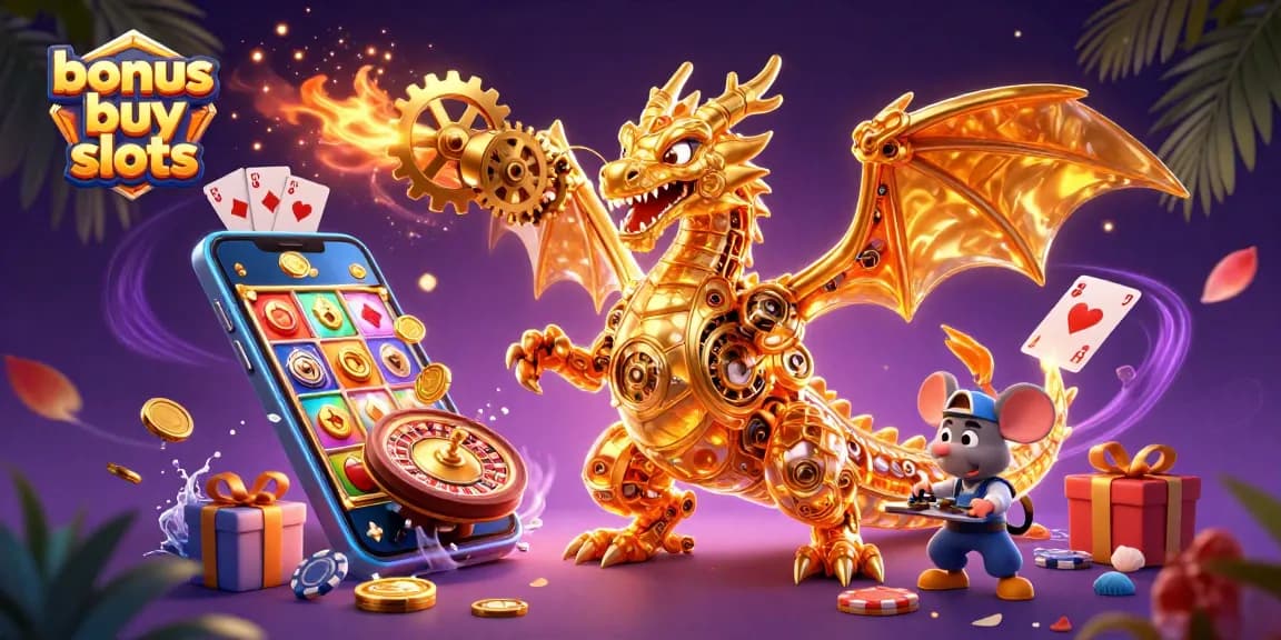 Experience the excitement of bonus buy slots with a golden dragon and vibrant casino elements.