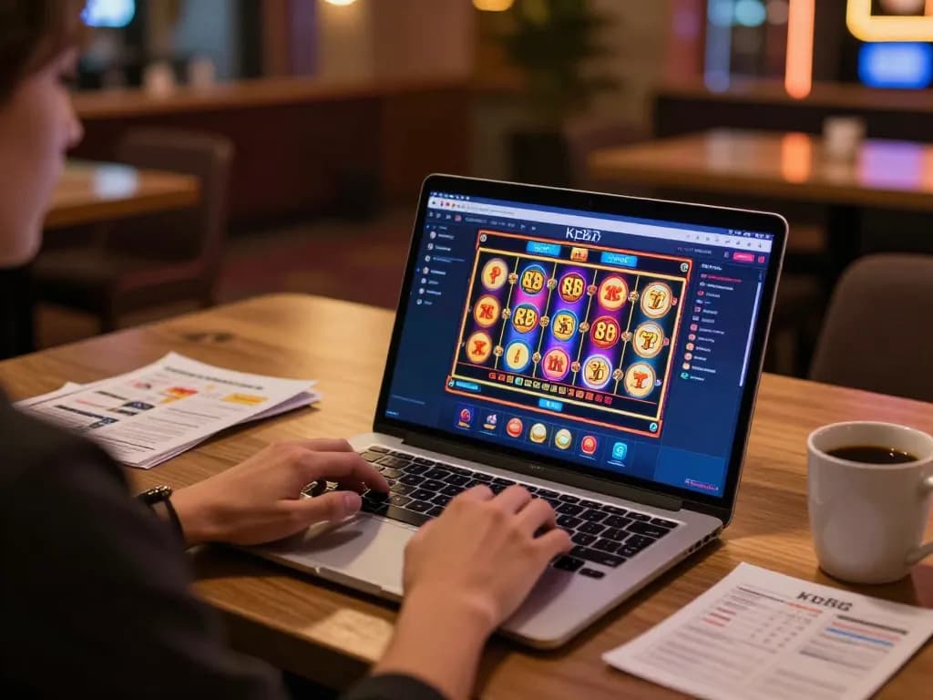 Engaging in kp88 online slots gaming with vibrant graphics and strategy notes in a cozy setup.