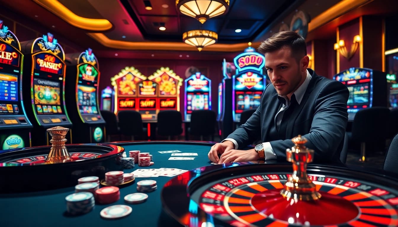 SODO Casino offers thrilling gaming experiences with vibrant poker tables and excited players betting.