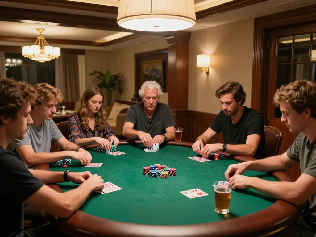 Players engaging in a friendly poker game at nhà cái 98win in a luxurious home setting