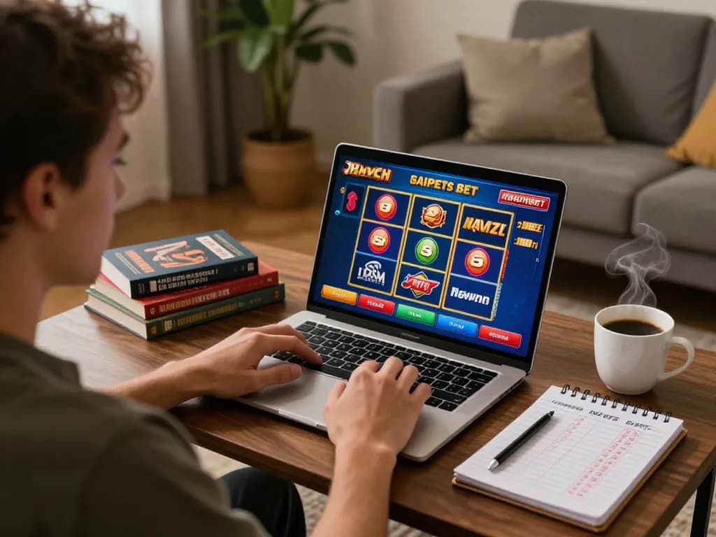 Enjoying Canada online casinos from home, a player engages in online slots with strategic notes nearby.