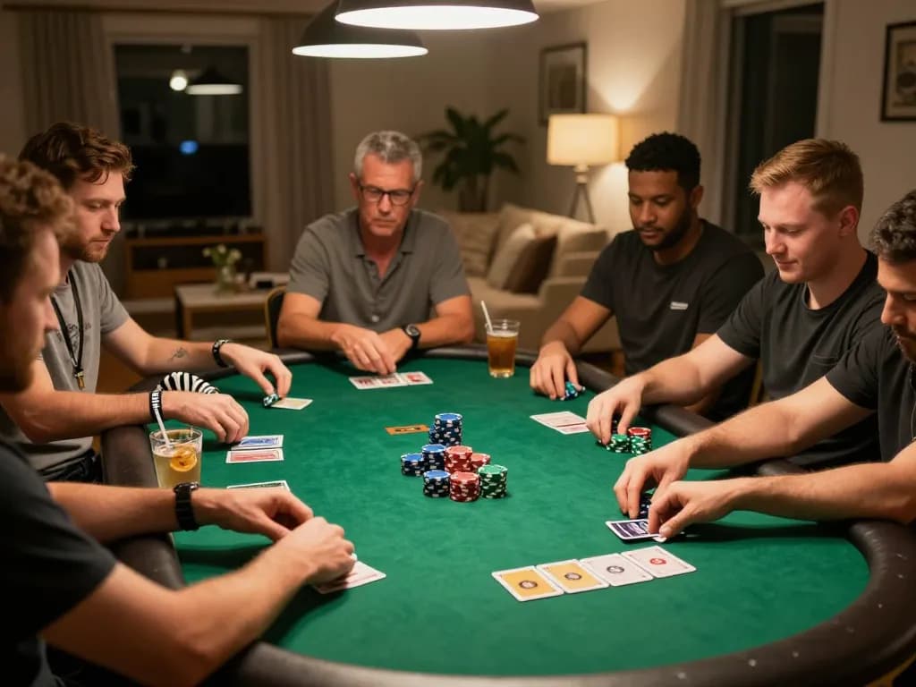 Engaged players at https://www.bdtk66.one/ enjoying a thrilling poker night in a warm home setting.