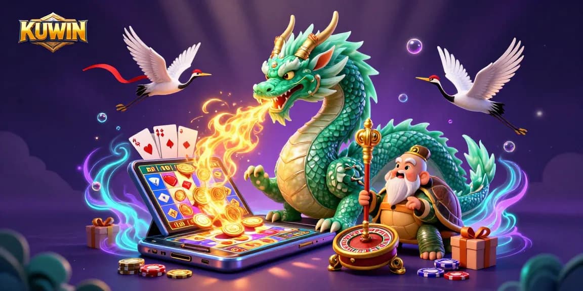 KUWIN offers immersive gaming experiences with a jade dragon, sage turtle, and lucky cranes in vibrant casino illustration.