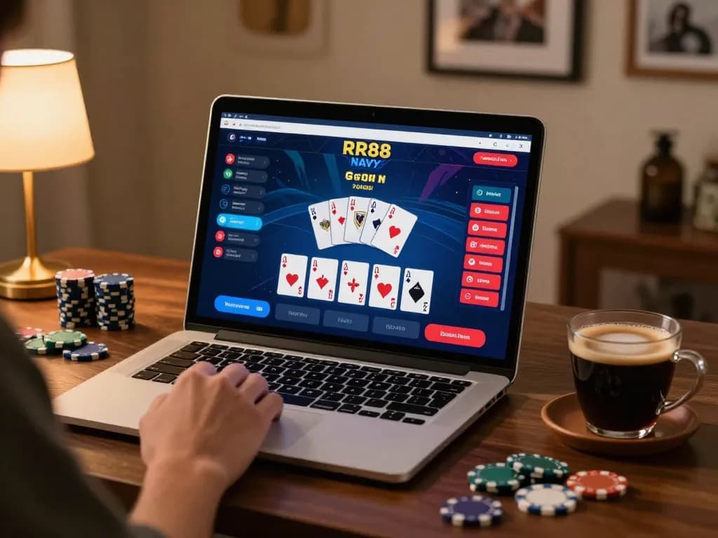 Playing poker online with RR88 NAVY, showcasing a vibrant interface on a laptop.