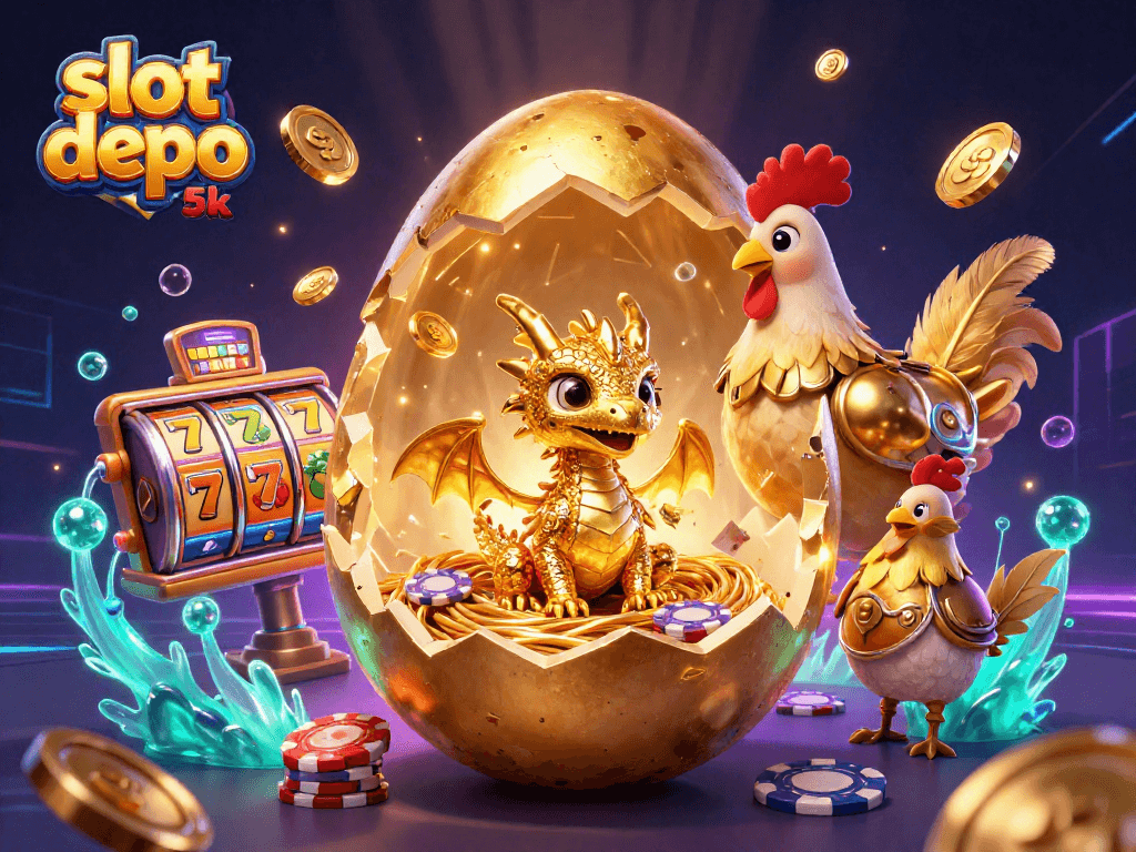 Experience the excitement of slot depo 5k with a golden dragon, poker chips, and winning jackpots