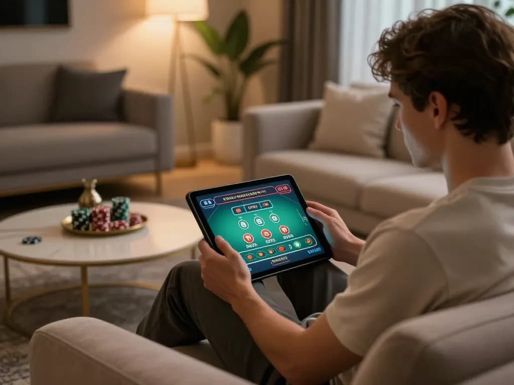 Player enjoying a live dealer game on rik vip, showcasing strategic betting in a cozy home setting