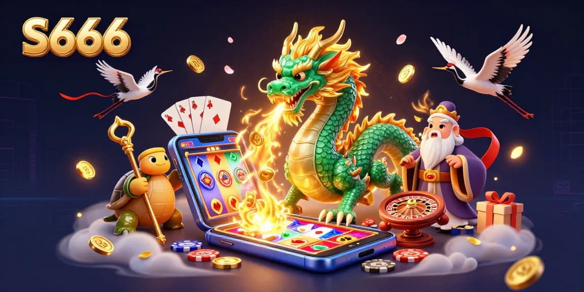 S666 players unleash thrilling jackpots with a vibrant dragon and lucky cranes in a dynamic casino scene.