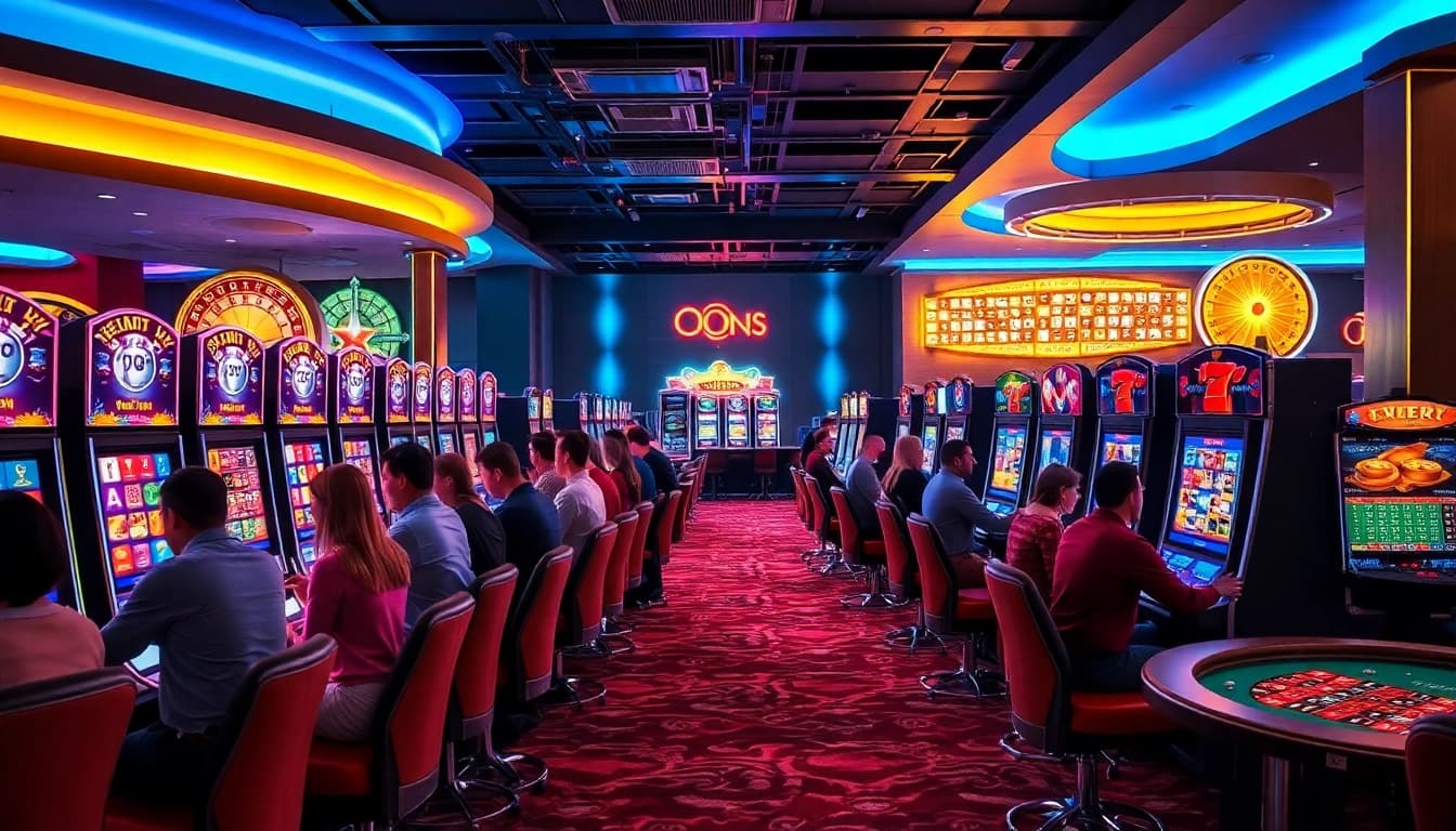 Experience the thrill of idn slot gaming with players engaging at vibrant slot machines in a luxurious casino.