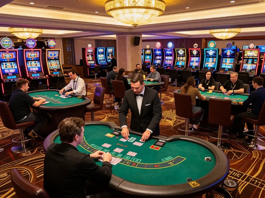 Players engaging in blackjack at Tr88, vibrant casino floor with dealers and bright lighting.