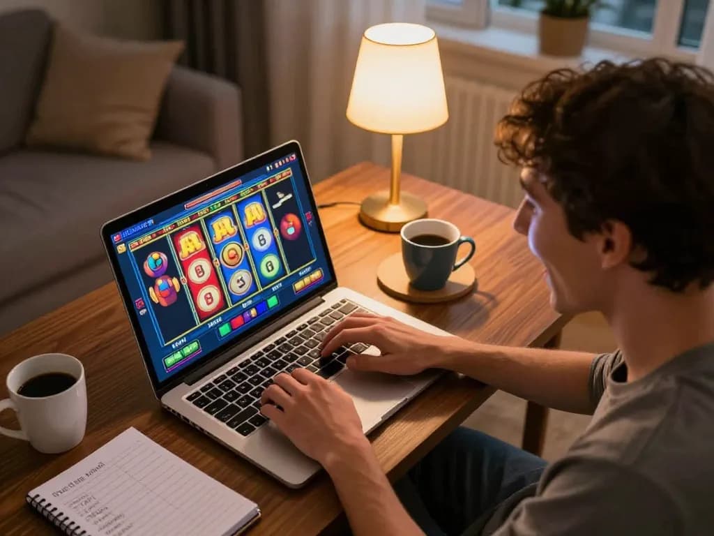 Engaging home session of online slot gacor gaming, showcasing excitement with spinning reels.