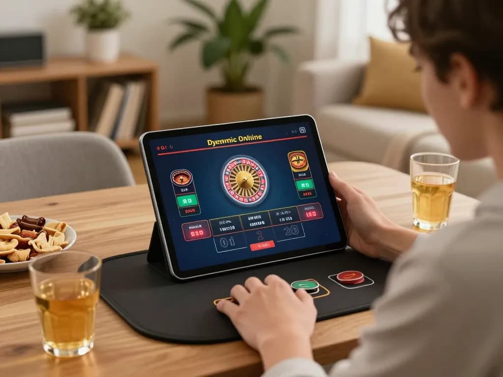 Player enjoying an immersive rikvip online gaming experience from home with warm lighting and snacks.