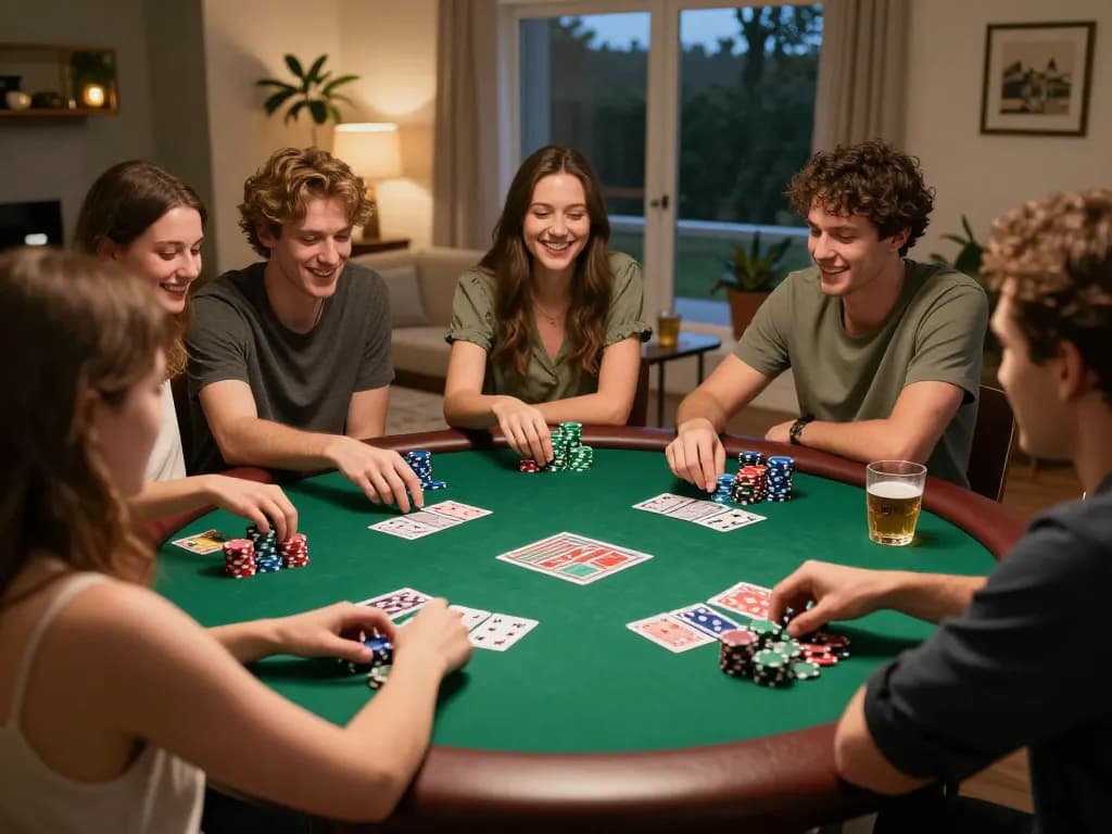 Friends enjoying a poker night at home with taixiusunwin.art contributing to strategic gameplay and bonding