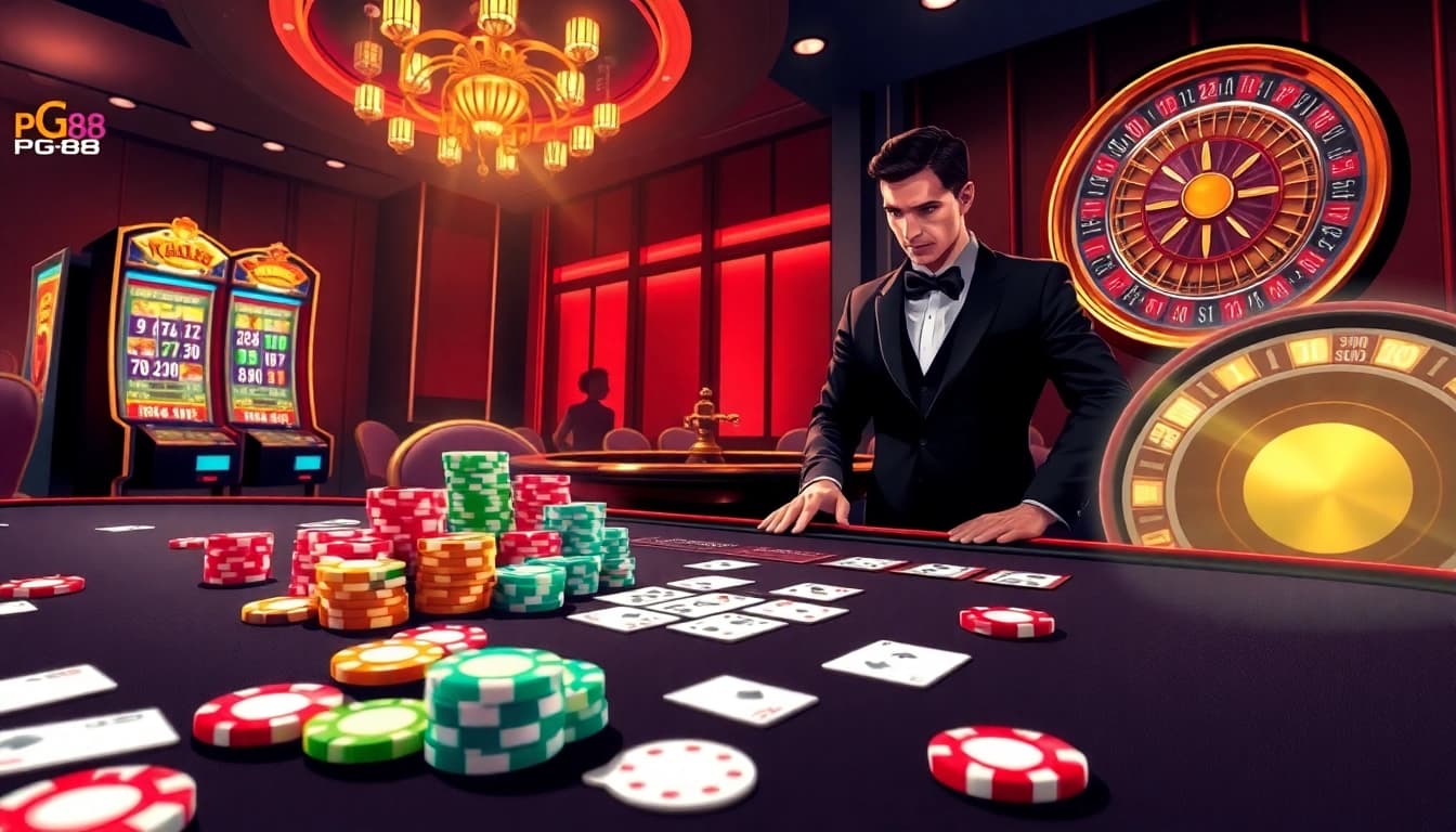 Experience thrilling gaming at PG88 with vibrant poker chips and an engaging dealer.