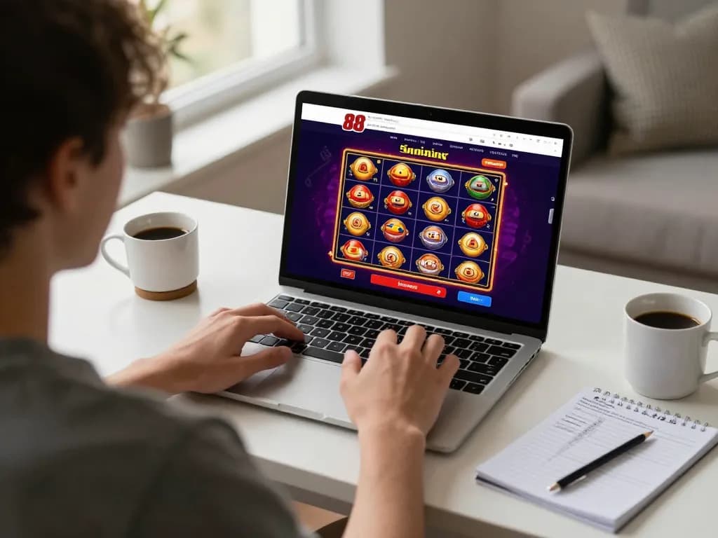 Engaging online gaming experience with open 88 displayed on laptop screen, participant analyzing strategy