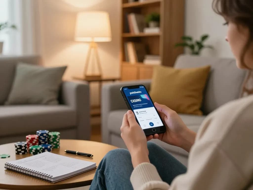 Berinteraksi dengan aplikasi kasino online pakibanks di smartphone dalam setting rumah yang nyaman.