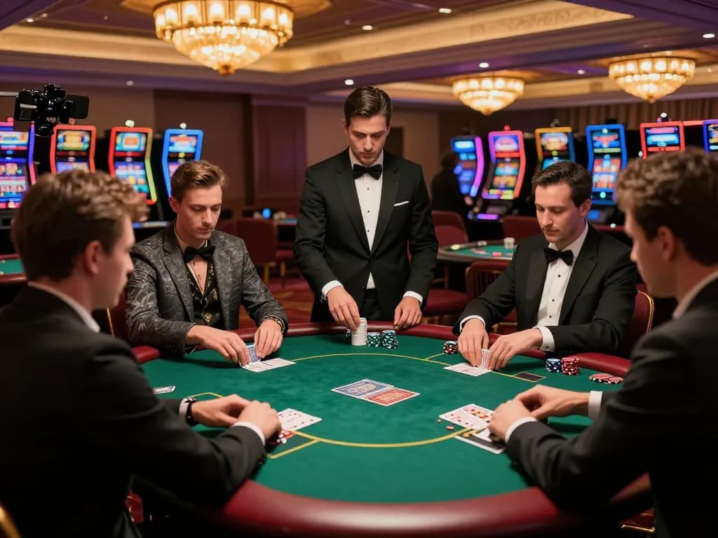 Players are strategizing their moves at the B52CLUB poker table in an upscale casino atmosphere