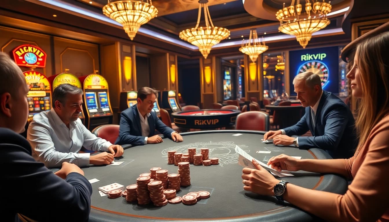 Rikvip players strategizing at a high-stakes poker table in a luxurious casino setting.