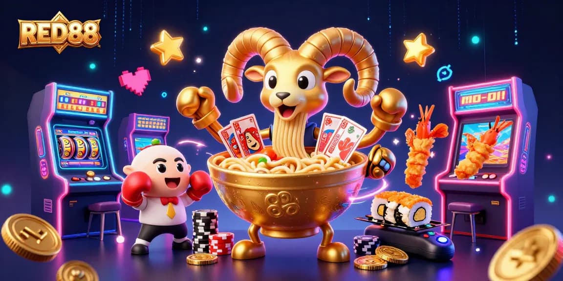 RED88 showcases vibrant casino fun with a giant ramen bowl and animated gambling elements.