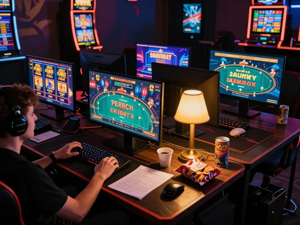NAGA2000 engaging players in online slot gaming session, showcasing multiple screens and strategic notes for better gaming outcomes.