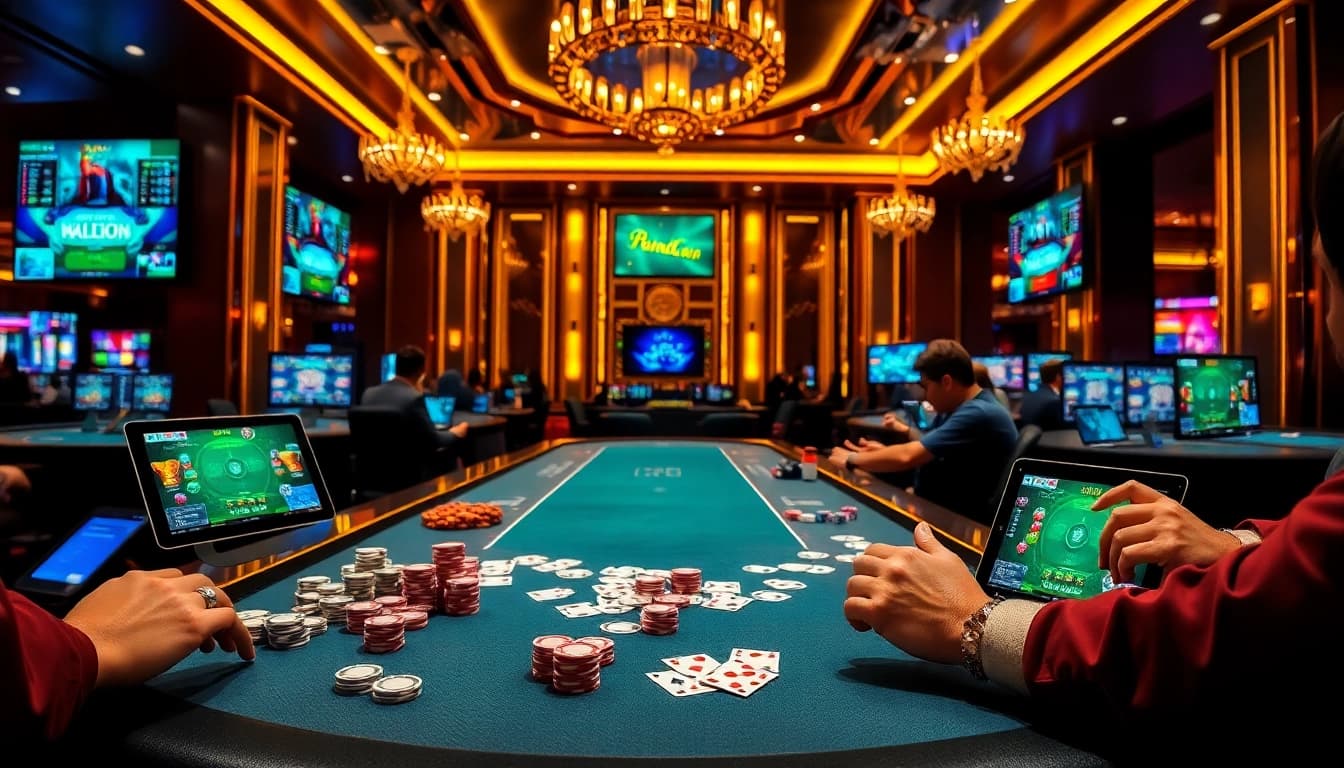 Experience thrilling gameplay at https://gamebaidoithuong.coffee/ with an elegant casino scene filled with poker chips and cards.