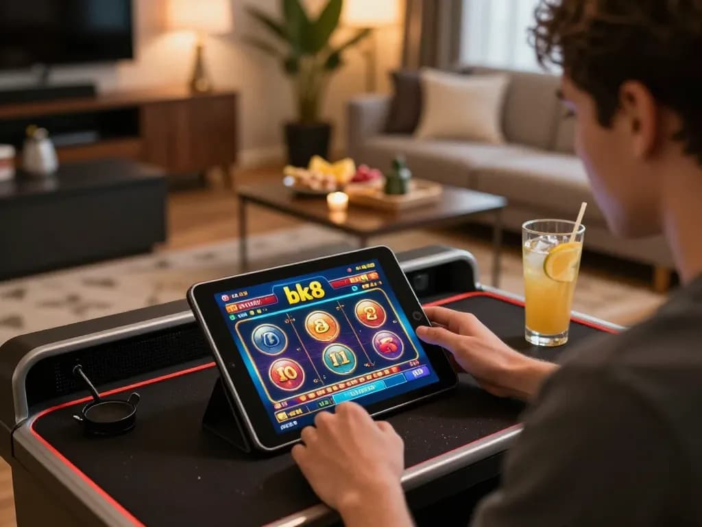 Engaging player focused on bk8 tablet gaming at a cozy home setup.