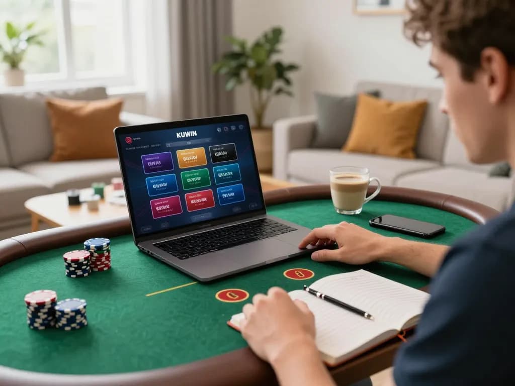 Kuwin 789 player enjoying a live dealer game on laptop with strategic materials on the table