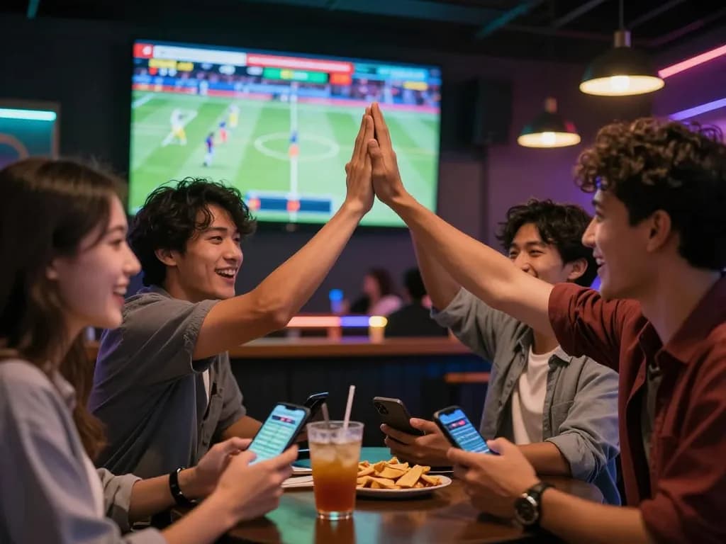 Cược thể thao scene featuring friends placing bets on smartphones while enjoying live sports.