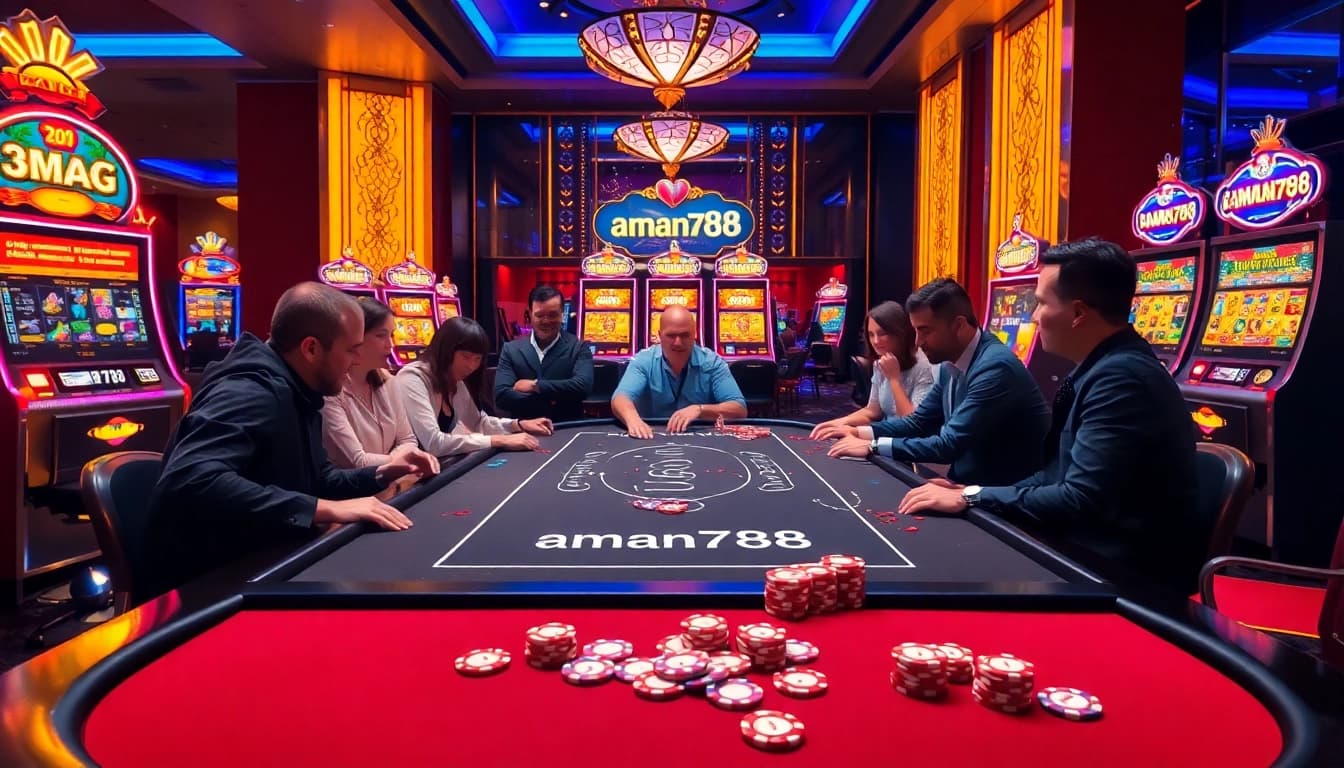 Pemain terlibat dalam strategi di meja permainan kasino aman788 dengan chip poker dan mesin slot.