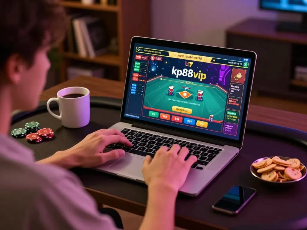 Engaged player enjoying kp88vip online casino game on laptop with lively atmosphere