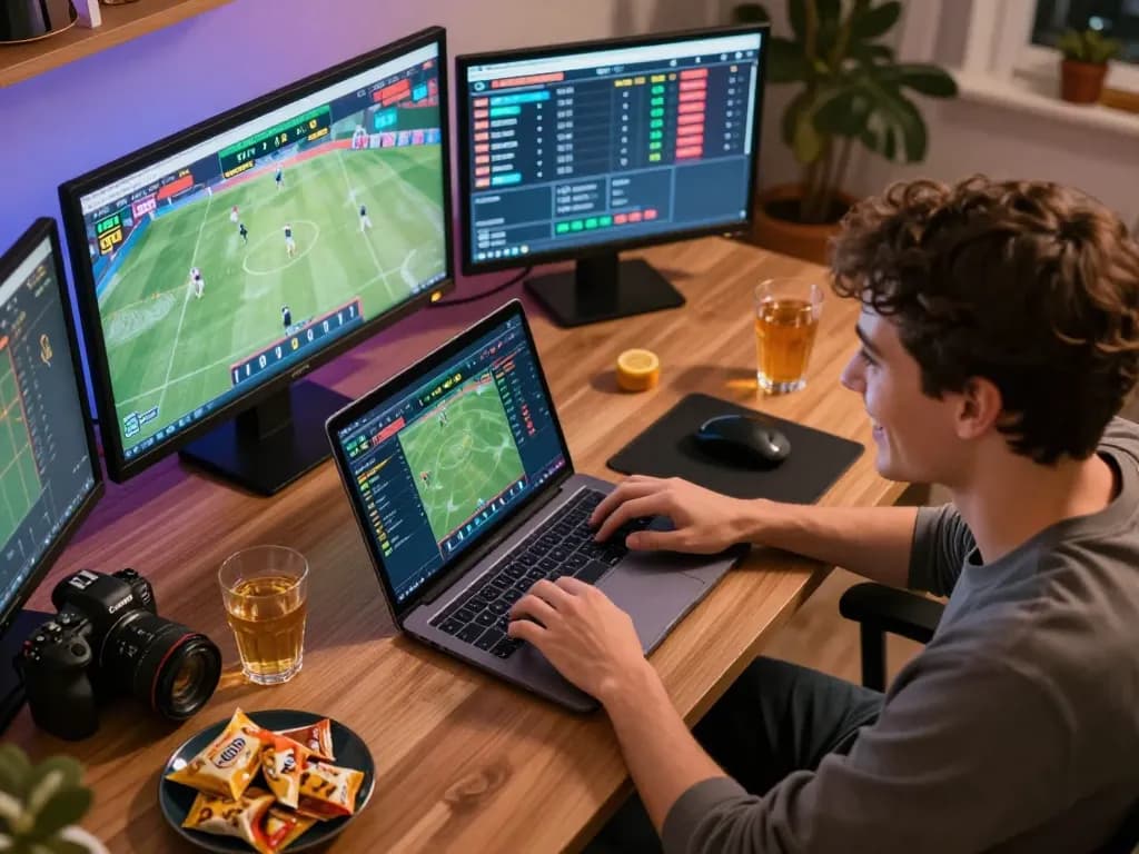 Engaged user participating in đăng nhập ttr88 sports betting from a stylish home office with multiple screens showing live game stats.
