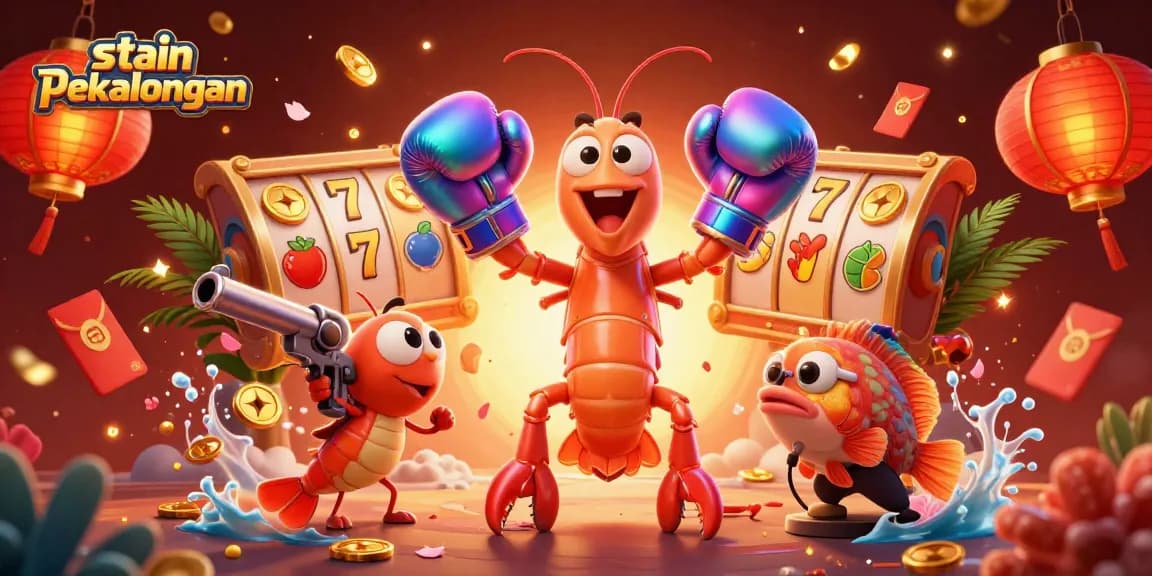 Experience thrilling gaming action with stain pekalongan's vibrant 3D casino scene featuring cheerful characters and illuminating slot reels.