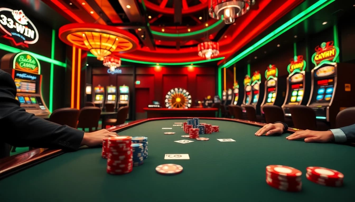 Experience the thrill of winning at 33WIN with an engaging casino scene showcasing players at a poker table.