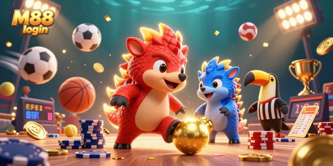 M88 login action scene with pangolins in armor rolling into poker chips, promoting exciting betting.