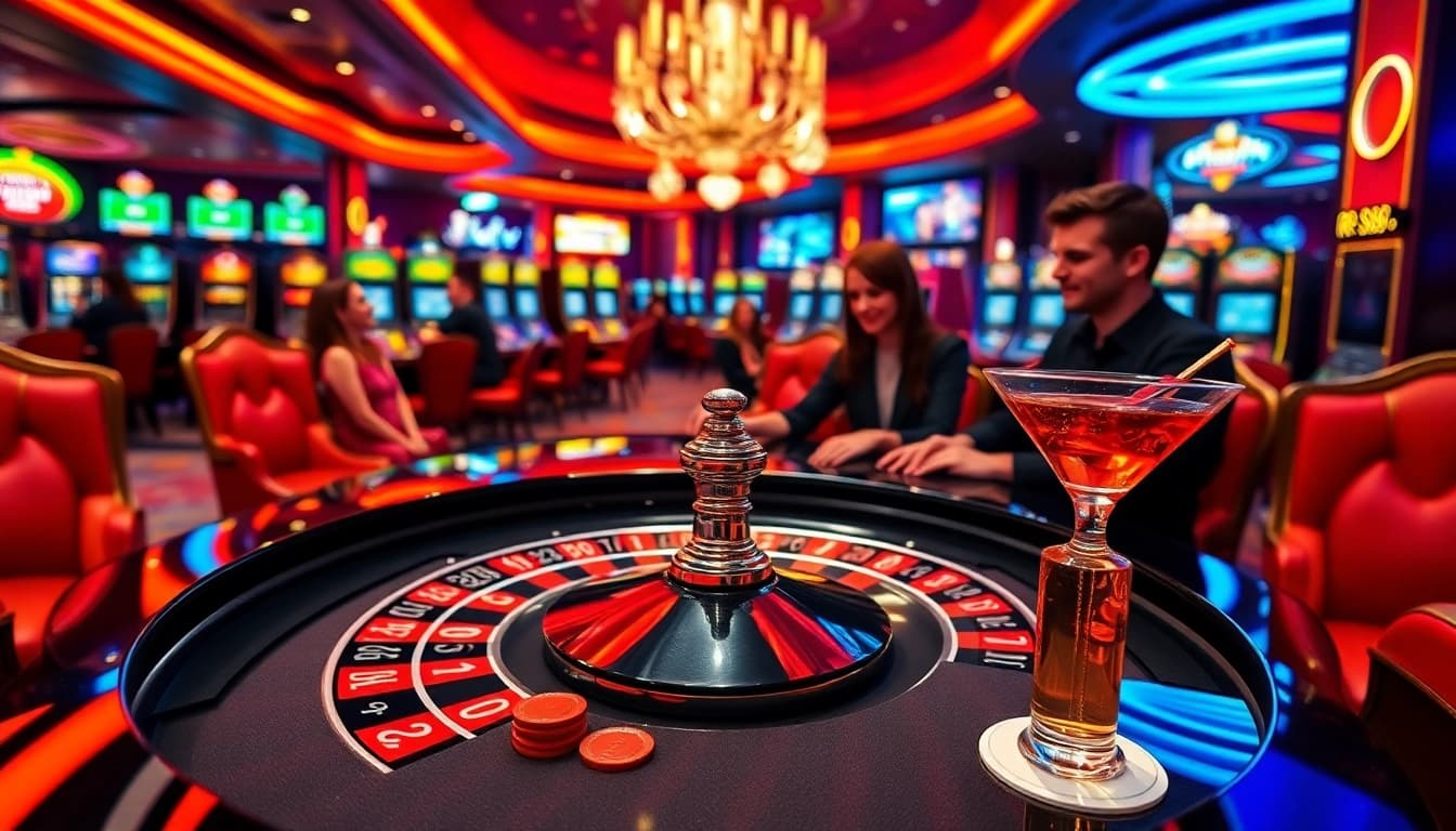 Experience the thrill of rr88 gaming at an elegant roulette table, bustling with excitement.