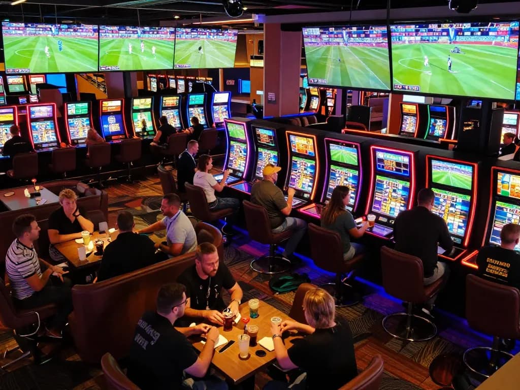 Engaged bettors analyzing sports odds at cm88's vibrant lounge during a live match
