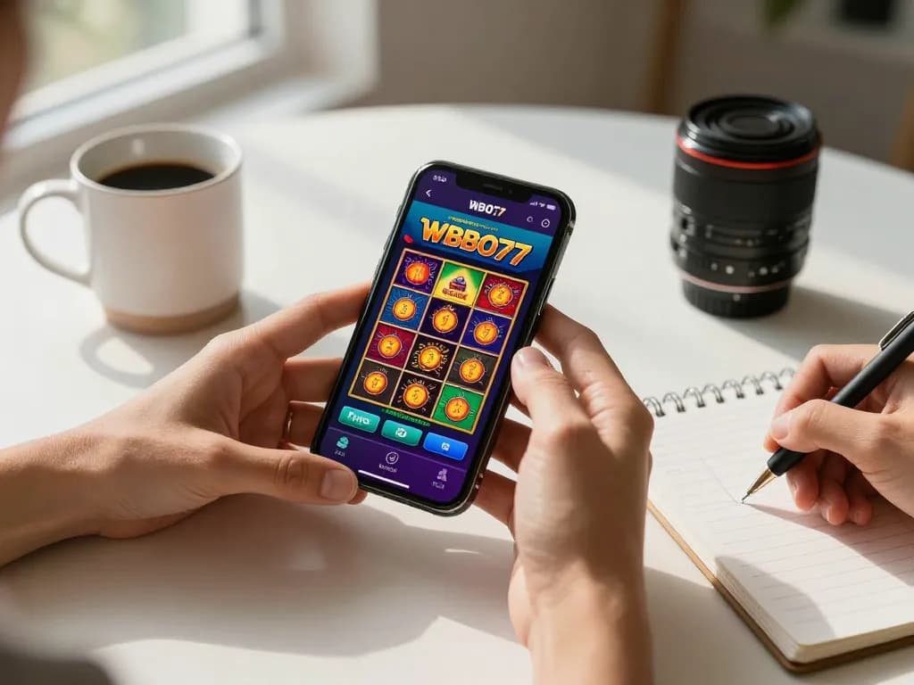 Permainan yang menarik di aplikasi WBO77 ditampilkan di smartphone di setting rumah yang bergaya.