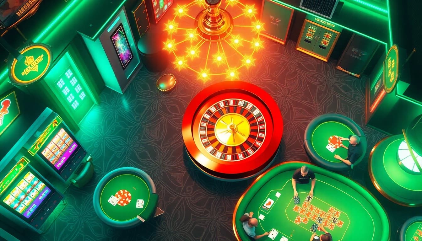 Lô Đề Trực Tuyến betting excitement in a luxurious virtual casino with slot machines and poker tables.