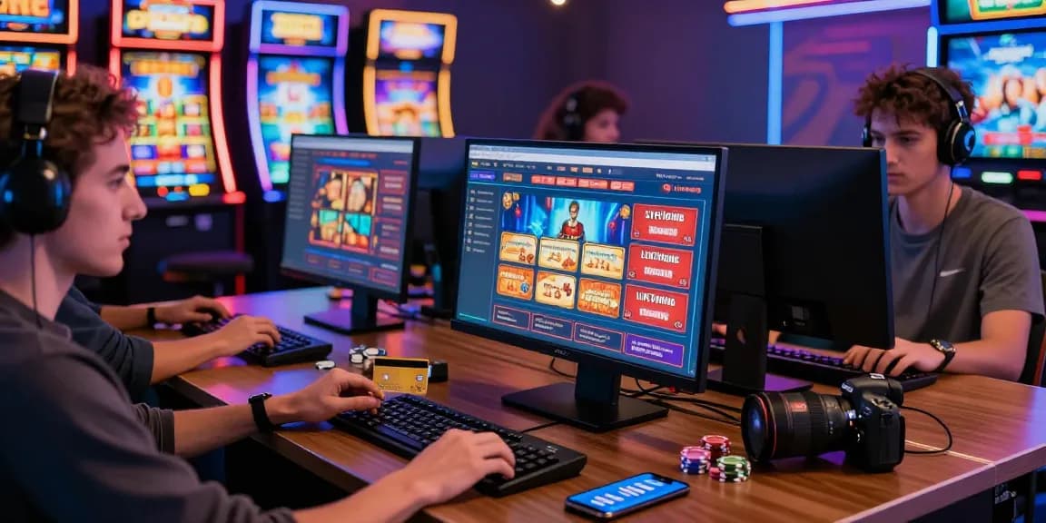Exciting online gaming experience at credit card casinos like https://being-there.org.uk, with players and vibrant gaming interfaces.
