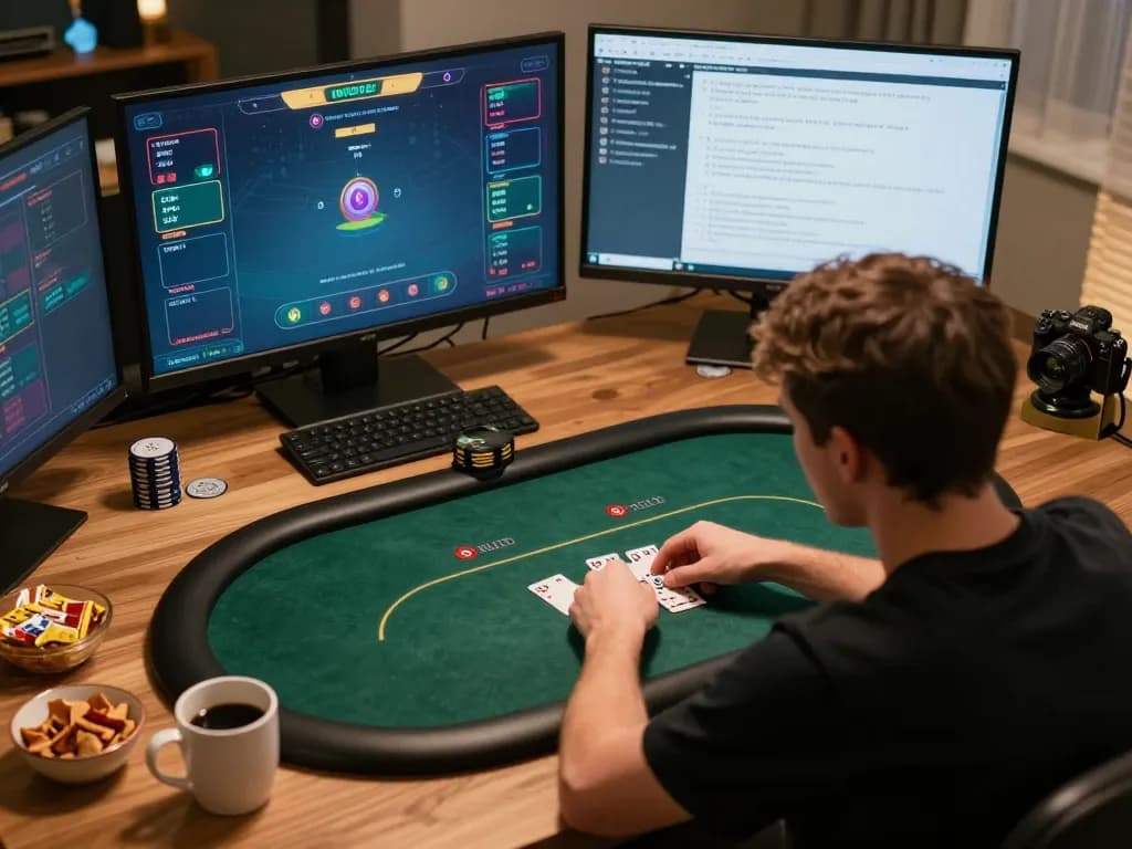 Player analyzing poker game on f8beta2 while calculating strategies and odds in a cozy setting