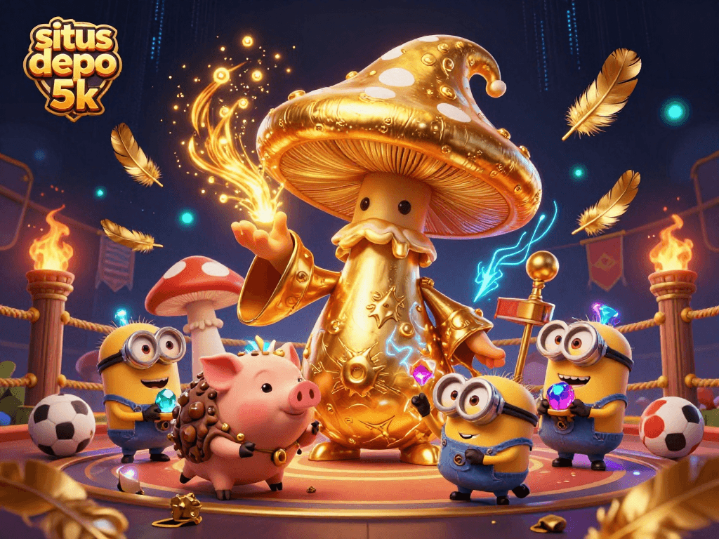 Bet on excitement with situs depo 5k featuring a golden mushroom wizard surrounded by thrilling sports betting elements.