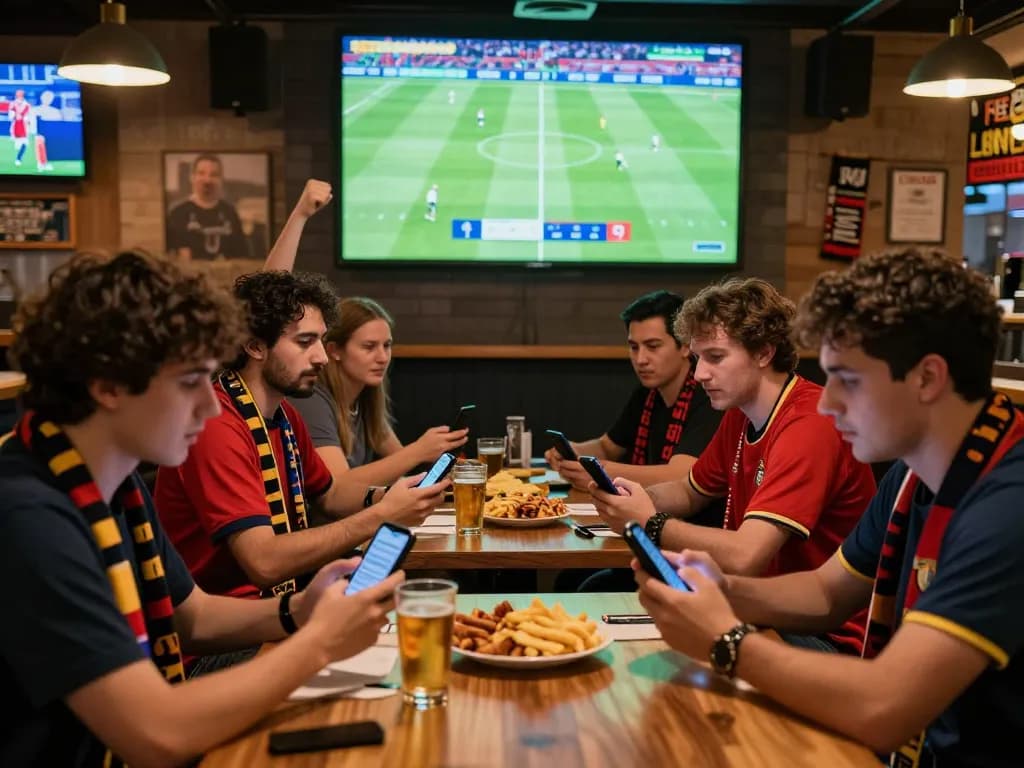 Exciting football betting scene showing tỷ lệ kèo bóng đá in a lively sports bar.