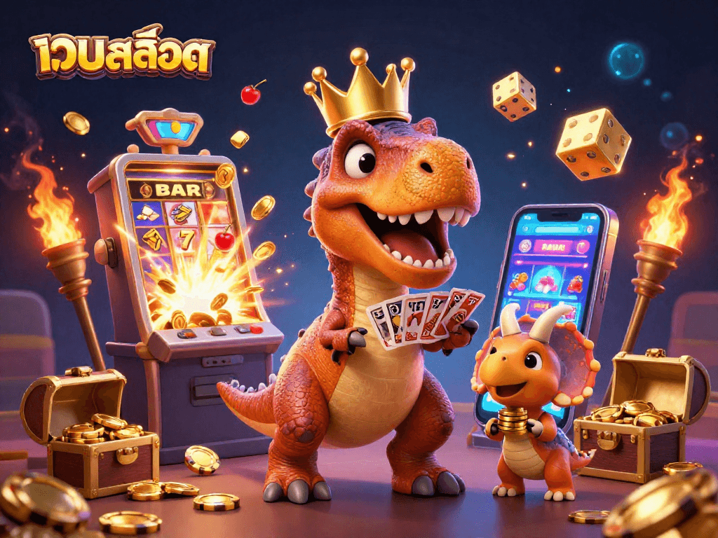 Experience ultimate thrills with เว็บสล็อต as cartoon characters shuffle cards and stack chips amidst a jackpot explosion.
