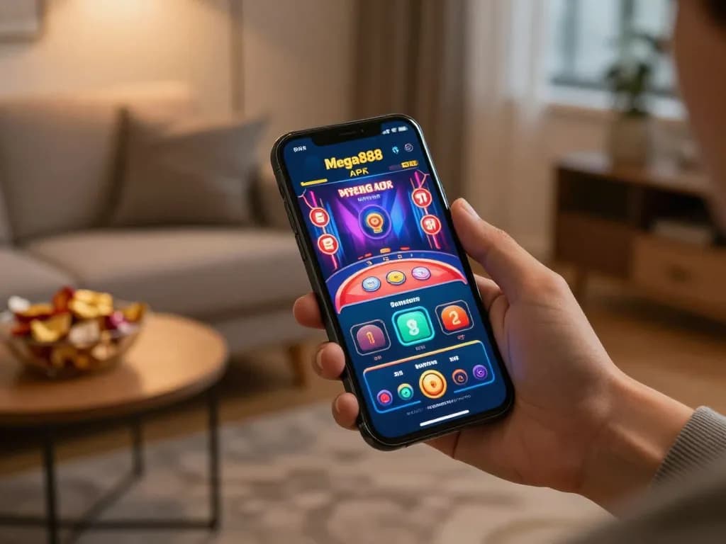 Mega888 APK displayed on smartphone, engaging mobile casino gaming experience with vibrant visuals.